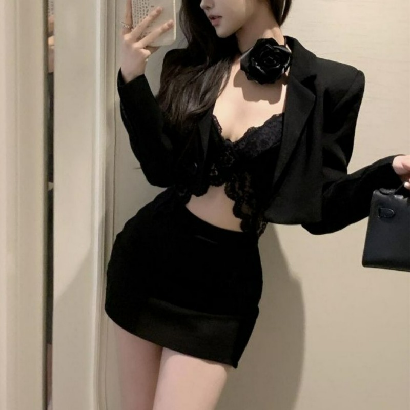Lace Bralette Set - ฤดูใบไม้ผลิสีดําBlazerลูกไม้Braletteและกระโปรงมินิชุดผู้หญิงเซ็กซี่แฟชั่นเก๋ชุดRoseรายละเอียดสําหรับสบายๆหรือสไตล์ปาร์ตี้ 2025