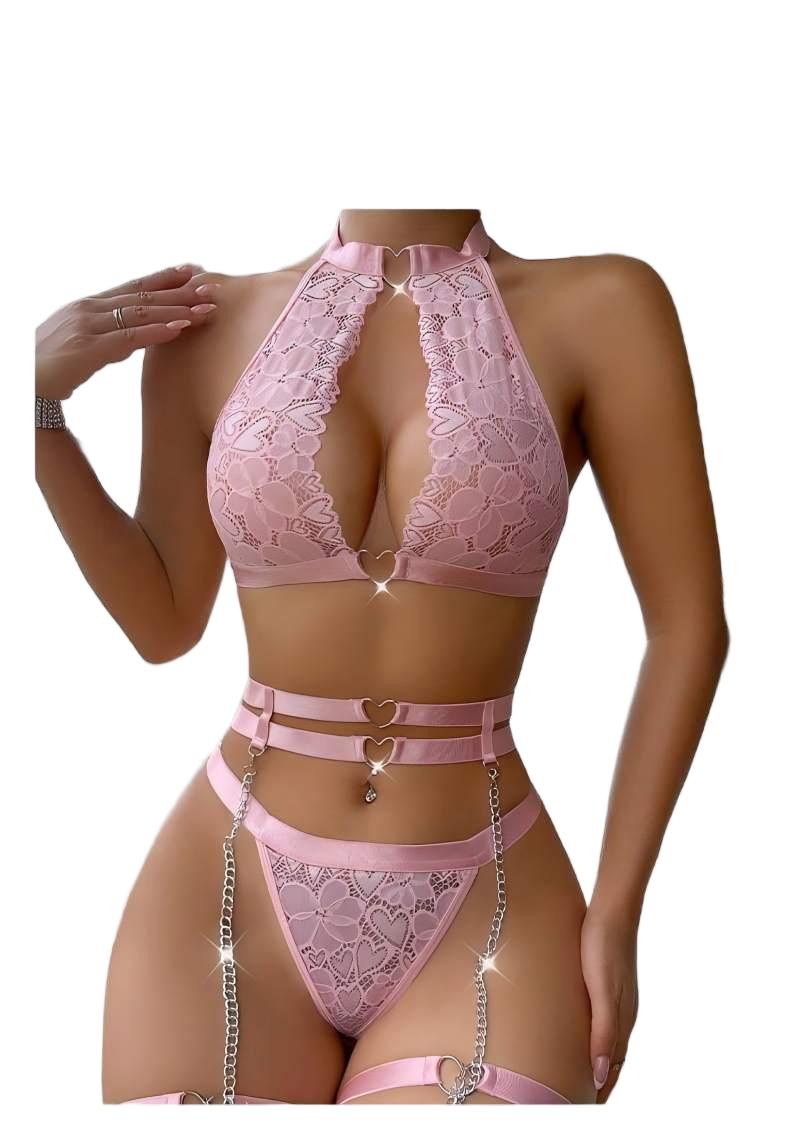 Underwire Bra Padded - ชุดชั้นในเซ็กซี่แบบดันทรง พร้อมสายรัดถุงน่องและสร้อยคอ ชุดชั้นในผู้หญิงแบบมีโครงและจีสตริง ชุดชั้นในสตรี