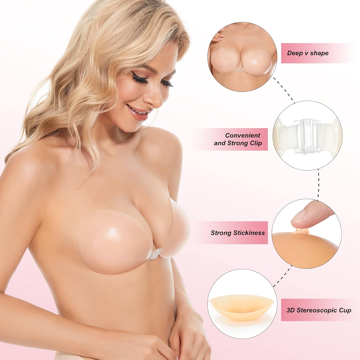 Strapless Bra Adhesive - บราแบบแปะ บราซิลิโคนไร้สาย บราปีกนกสำหรับผู้หญิง พร้อมแผ่นปิดจุกนม แบบหนา ช่วยยกกระชับ