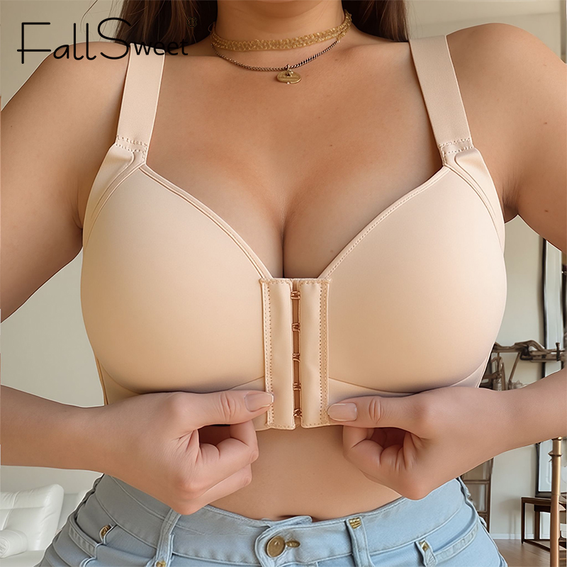 Minimizer Bra Women - บราไร้โครงแบบติดตะขอด้านหน้าสำหรับผู้หญิงไซส์ใหญ่ ยี่ห้อ FallSweet แบบไร้ตะเข็บ คัพบาง นุ่ม