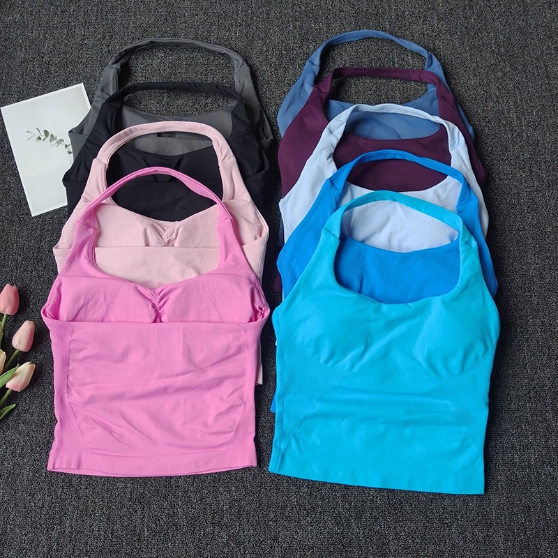 T Shirt Bra Seamless - เสื้อกล้ามออกกำลังกายแบบไร้ตะเข็บสำหรับผู้หญิง เสื้อโยคะแบบเปิดหลัง สายคล้องคอ เสื้อกล้ามฟิตเนส เสื้อวิ่ง บราออกกำลังกาย