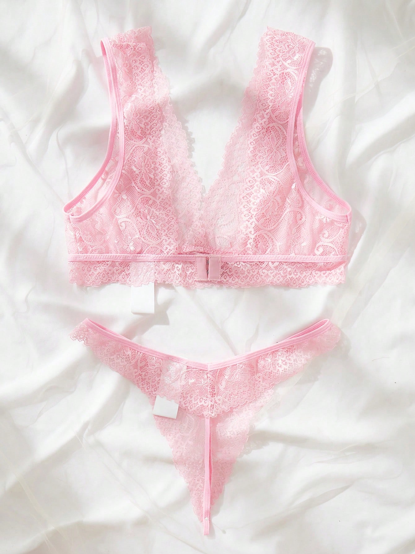 Lace Bralette Set - ชุดชั้นในลูกไม้สีชมพู ชุดบราและกางเกงในลายดอกไม้บางเบา สำหรับผู้หญิง วันแต่งงาน คืนโรแมนติก