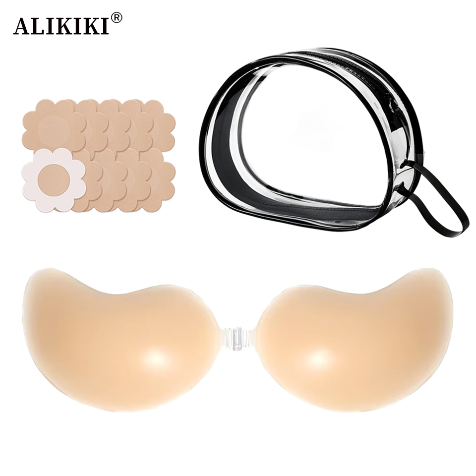 Backless Bra Sticky - ชุดบราซิลิโคนแบบแปะไร้สายและแผ่นปิดจุกนมแบบซิลิโคนนำกลับมาใช้ใหม่ได้ พร้อมกล่องเก็บสำหรับเดินทาง