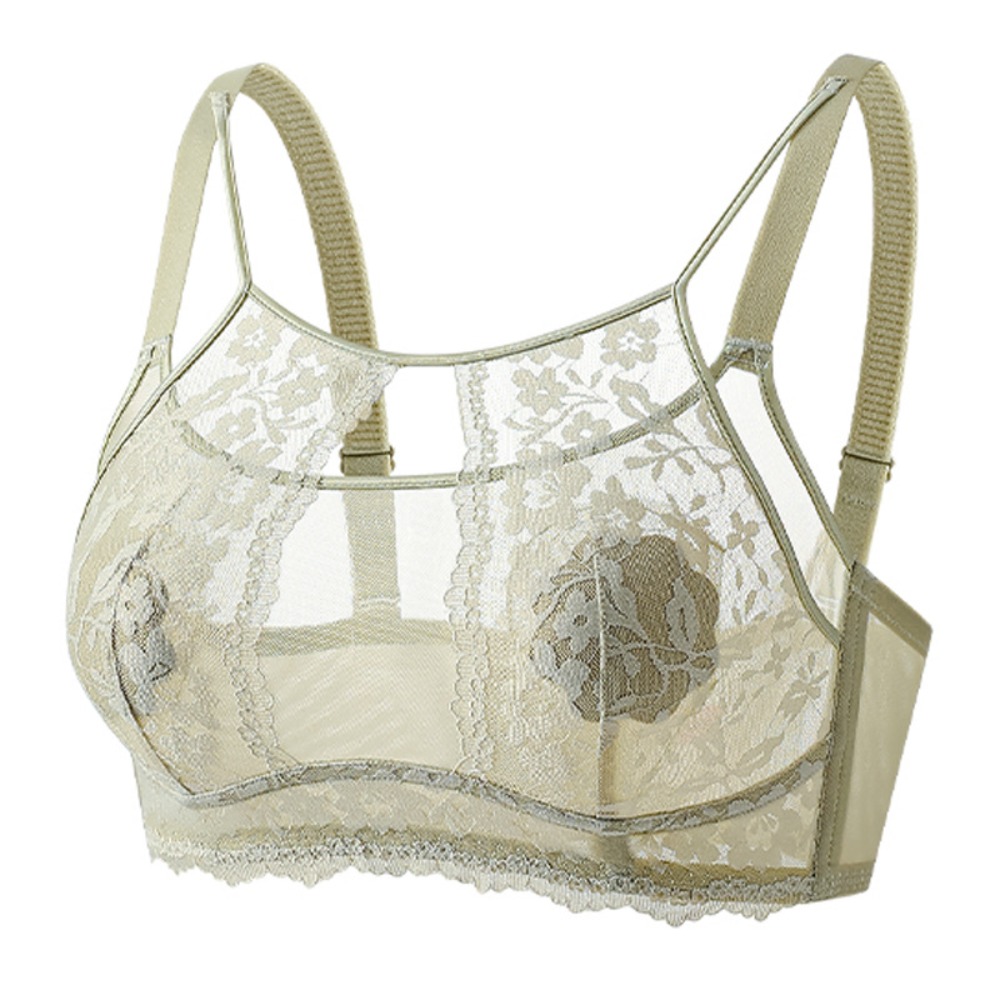 Sheer Mesh Bra - บราลูกไม้แบบไร้โครง ดีไซน์ดอกไม้ตาข่าย ทรงวีลึก ป้องกันการกระแทก สำหรับผู้หญิง ปรับได้
