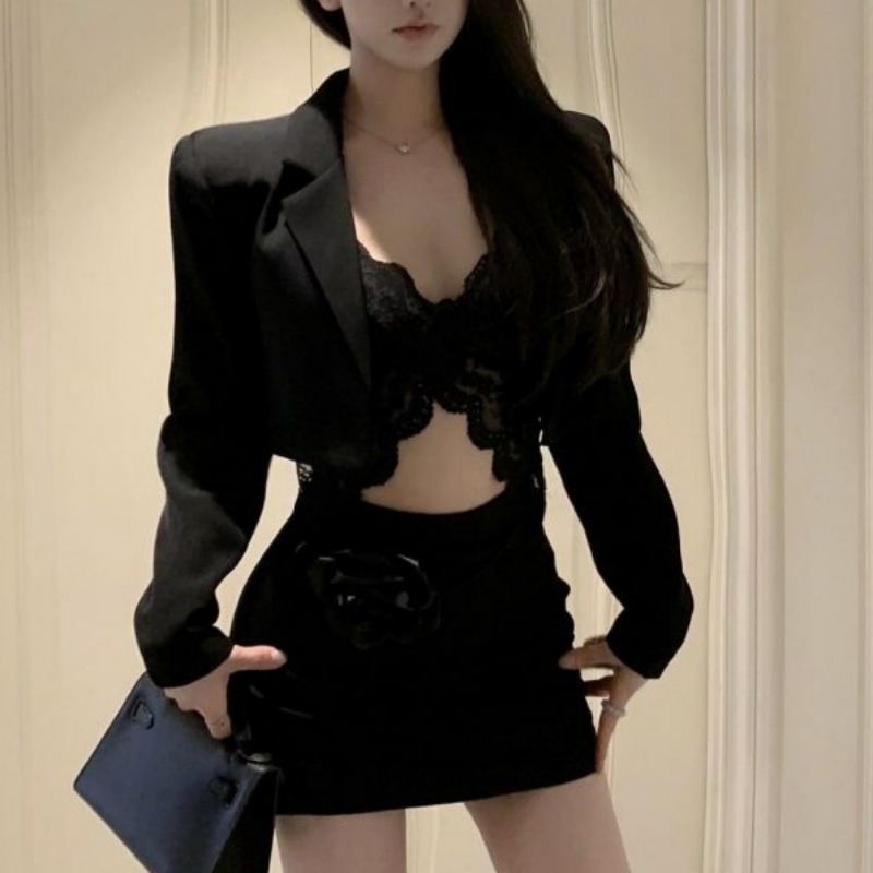 ฤดูใบไม้ผลิสีดําBlazerลูกไม้Br - Lace Bralette Set บทวิจารณ์และราคา