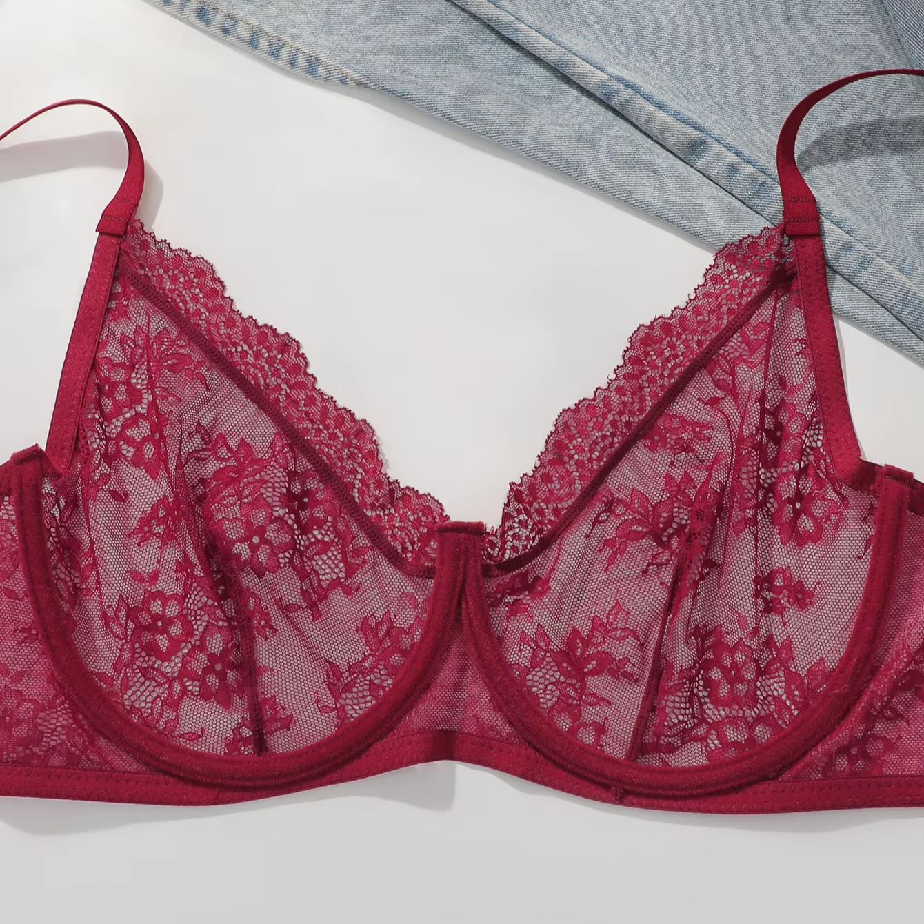 บราลูกไม้สีแดงสำหรับผู้หญิงไซส - Sheer Mesh Bra บทวิจารณ์และราคา